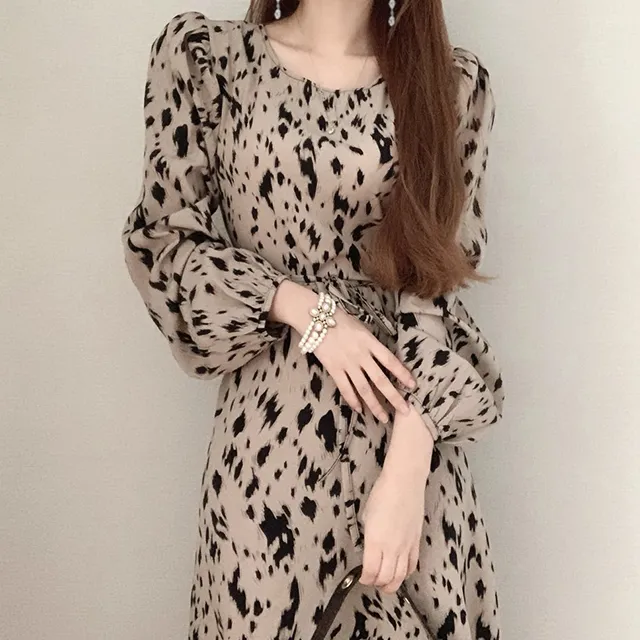 Leopard Printed Korean Women Long Dress Full Sleeve O-neck Belted Dresses Elegant Party Fashion Ladies Vestidos Femme 210513