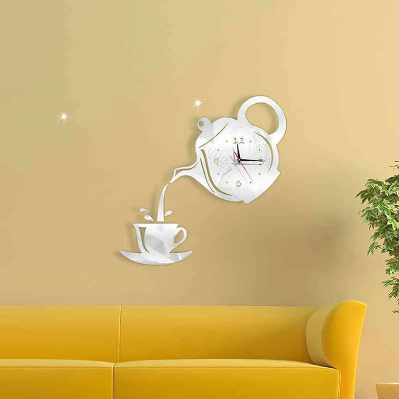 Bricolage 3D horloge murale acrylique tasse à café théière décorative cuisine horloge murale salon salle à manger décoration de la maison horloge H1230