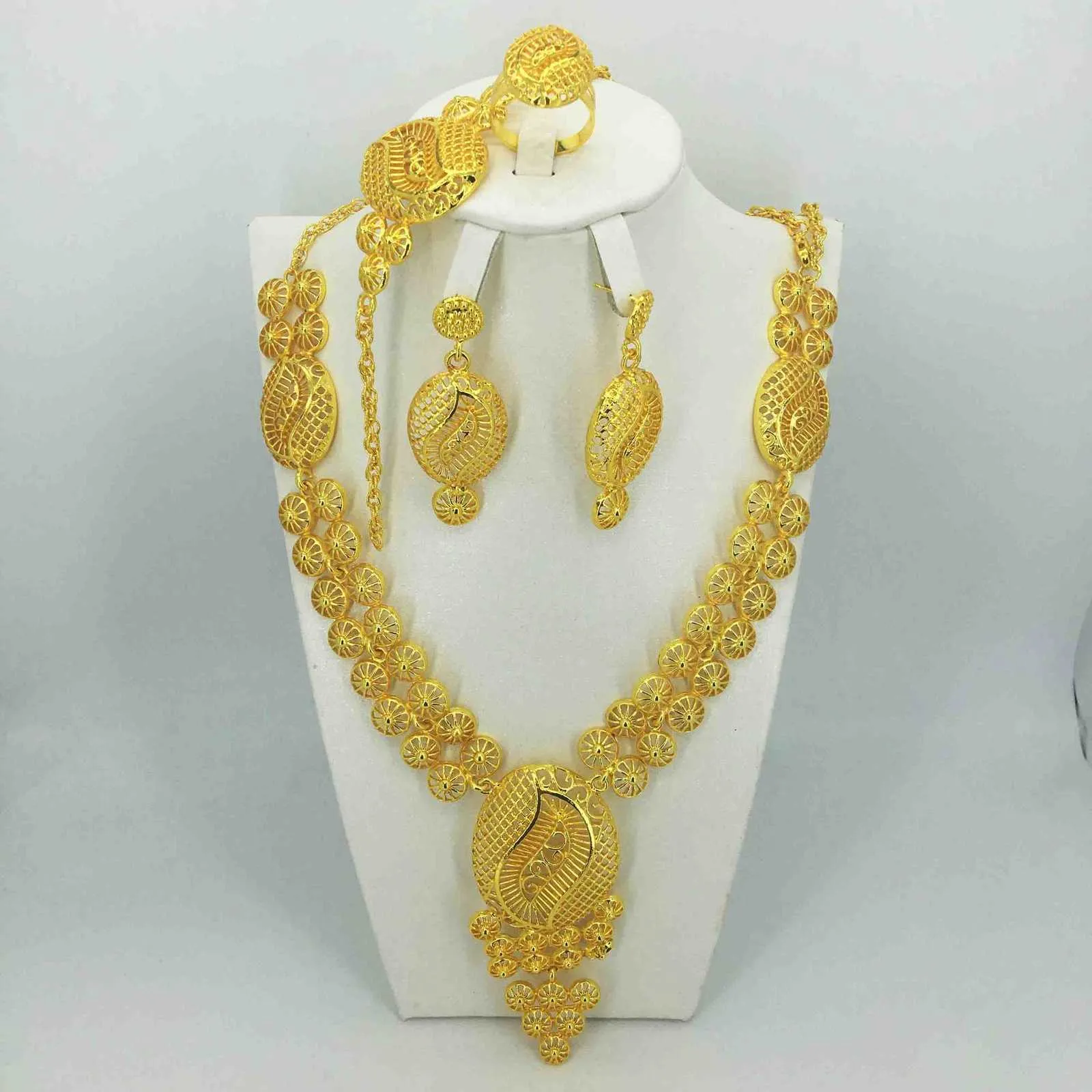 Mode Hochzeit Braut Kristall Schmuck Sets Afrikanische Perlen Dubai Gold Farbe Statement Schmuck Kostüm 211015