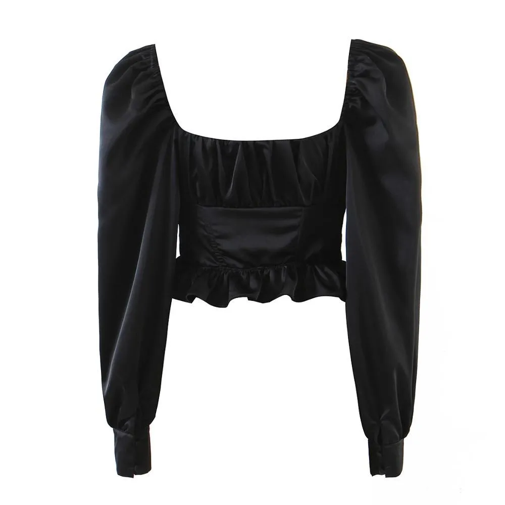 Vintage Long Sleeve Bandage Cross Lacing up Cropped Shirt Women French style Ladies Wood ears Dropped Slim Crop Top Sexy blouses 210429