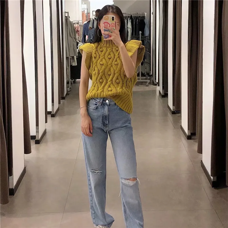 Autumn Yellow Pompoms Knitted Sweater Vest Women Vintage Ruffles High Neck Pullovers Sleeveless Tops 210519