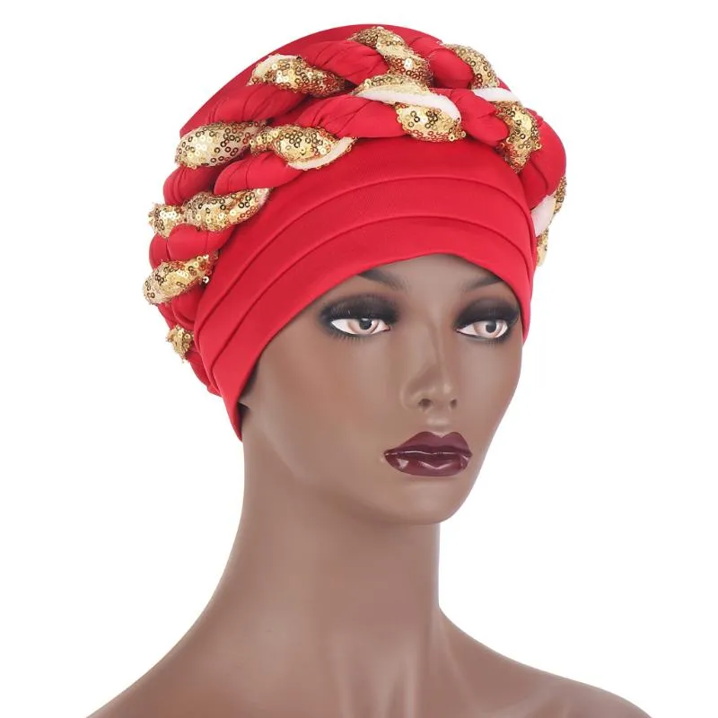 光沢のあるイスラム教徒の女性ダブルスパンコール編組ターバン帽子化学ビーニーキャップヒジャーブヘッドウェアヘッドラップヘアアクセサリーbeanie skul263t