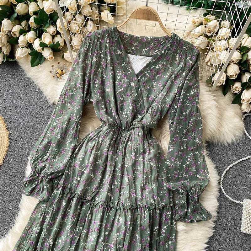 Primavera Outono Verde / Azul / Bege / Preto Flor Impresso Drapejado Midi Dress Mulheres Elegante V-Neck Elegante Flare Manga Longa Casual Vestidos Novo Y0603