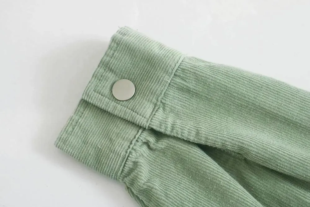 Kobiety Solid Corduroy Batwing Rękaw Vintage Bluzka Collar Collar Loose Top Button Up Green Koszula Feminina Blusa Overshirt 210520