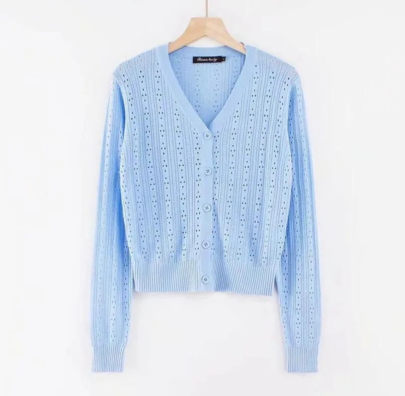 French Style Vintage Knitting Hole Button Through Crop Pointelle Knit Cardigan Sweater Woman V-neck Long Sleeve Jumper Knitwear 210429