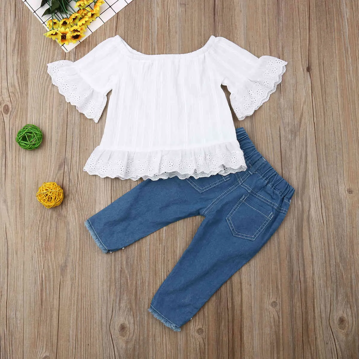 9M-5Y Autunno Primavera Bambino Bambini Neonate Copre Gli insiemi Increspature Top bianchi Perla Pantaloni denim Jeans Abiti Set 210515