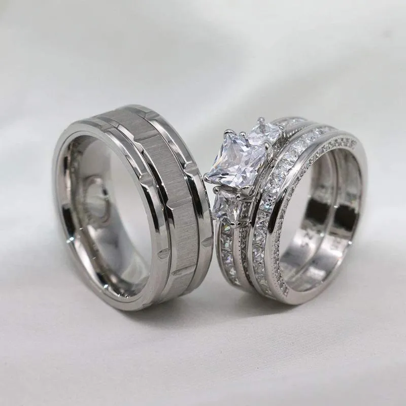 Anéis de casamento casal feminino clássico quadrado zircão anel de noivado conjunto masculino 8mm aço inoxidável cor prata sulco c341d