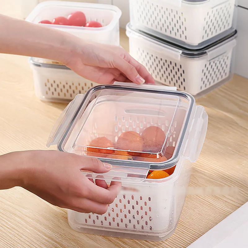 Refrigerator Storage Box Fridge Fresh Kitchen Organizer Vegetable Fruit Boxes Drain Basket Containers Lid 220212