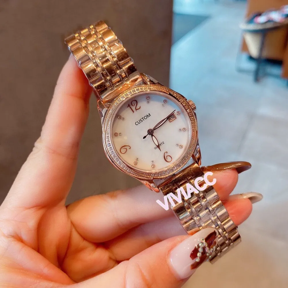 Mulheres Clássicas Geométricas Flor Gráficos Relógios Mãe de Pearl Quartz Clock Aço Inoxidável Zircon Diamante Calendário Relógio 36mm