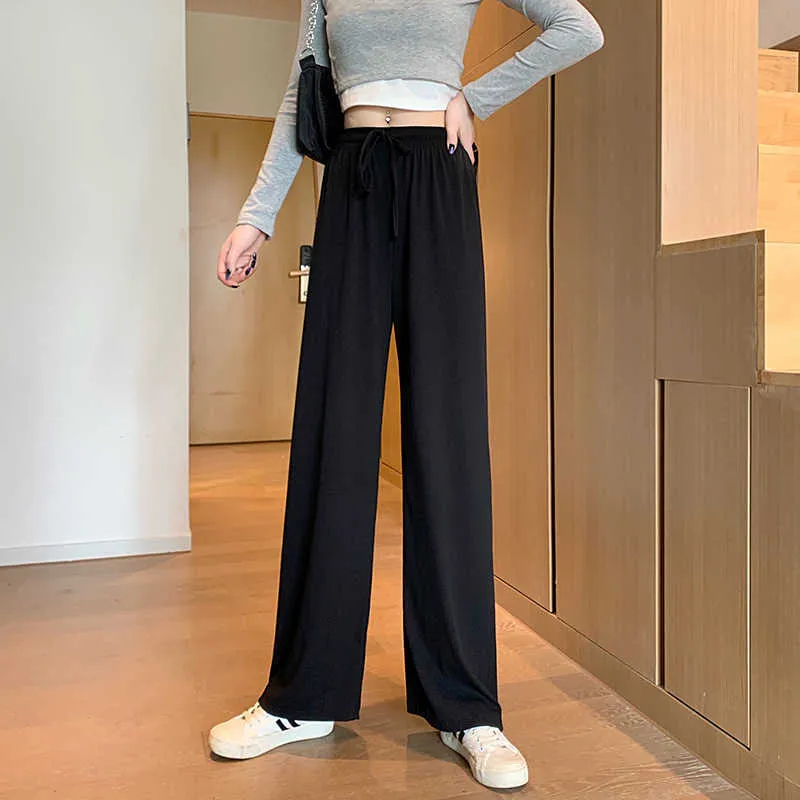 Pants & Capris Solid Thin Loose Elastic High Waist Pink Wide Leg Pant Drawstring Casual Chic Korean Wild Women Clothing Bottom 210610