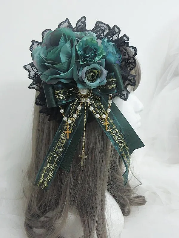 Masques de fête Girl Design Lolita Dentelle Épingles à cheveux Fleur Vert Foncé Perle Croix Gothique Femmes Costume Collier Bandeau Cosplay Headpiec227C