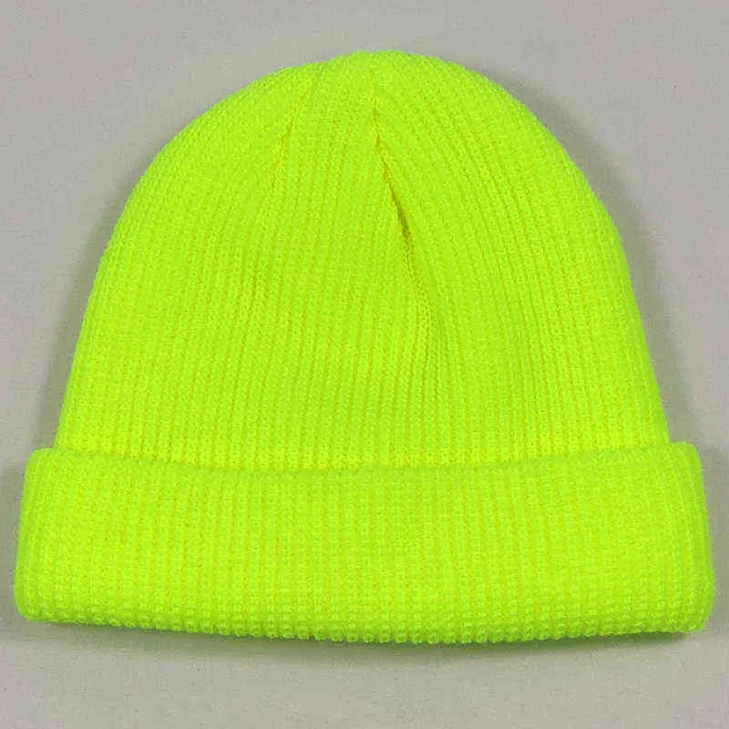 Short Plain Cuffed Hat Beanies Women Men Winter Knit Skull Cap Hip Hop Streetwear Neon Yellow Neon Orange Bright Green Y21111