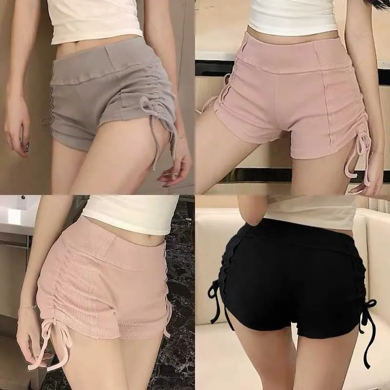 Casual ultra shorts kvinnlig sommar sexig mini dragsko design tunn sektion stickad låg midja solid färg 210604