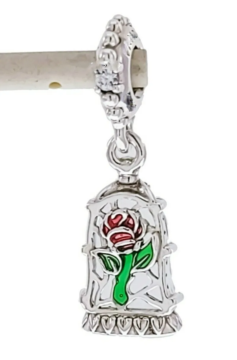 Authentique Pandora 925 Sterling Silver Disny Beauty Rose fleur Dangle Charm fit Européen lâche perle bracelet Bijoux 790024C01