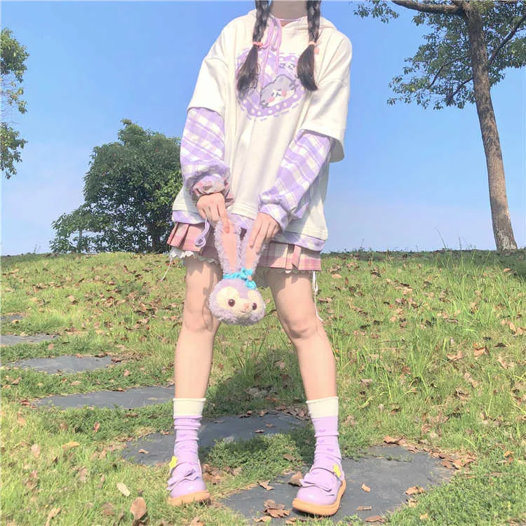 Japonais Kawaii Soft Girl Sweety Chemises Patchwork Épissage Pull à manches longues Dessin animé imprimé Sweat-shirts à capuche en vrac 210803