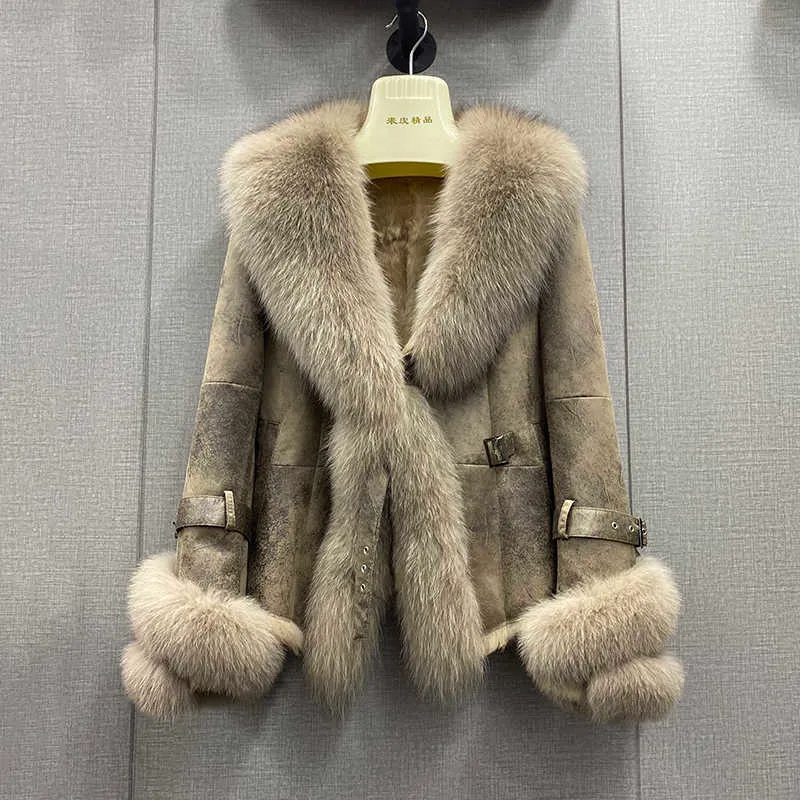 Winter Real Fur Coat Genuine Rabbit Skin Leather And Fur Jackets With Natural Fur Collar Ladies Outwear Oversize 211019