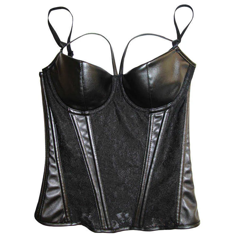 Gothic Womens Sheer Lace Vinyl Leather Overbust Corset Bustier Plus Size Black Spaghetti Strap Slim Waist Cincher Bodyshaper 3XL-W5722-1 (3)
