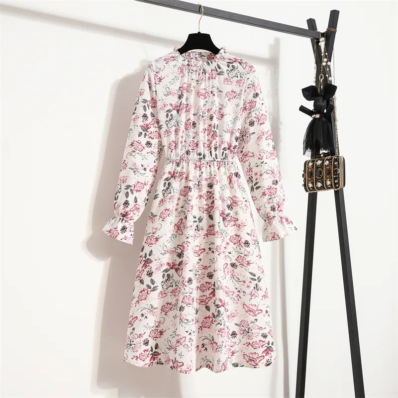 Женское шифоновое платье, женское винтажное платье с длинными рукавами и полуводолазкой с цветочным принтом, платья миди, весна-осень, расклешенные рукава, Vestidos 220310