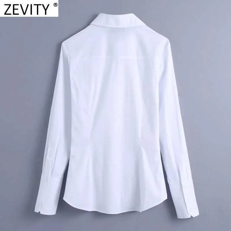 Zevity Women Basic Slå ner Krage Casual Vit Blus Damer Business Poplin Shirts Chic Femme Breasted Blusas Tops LS7542 210603