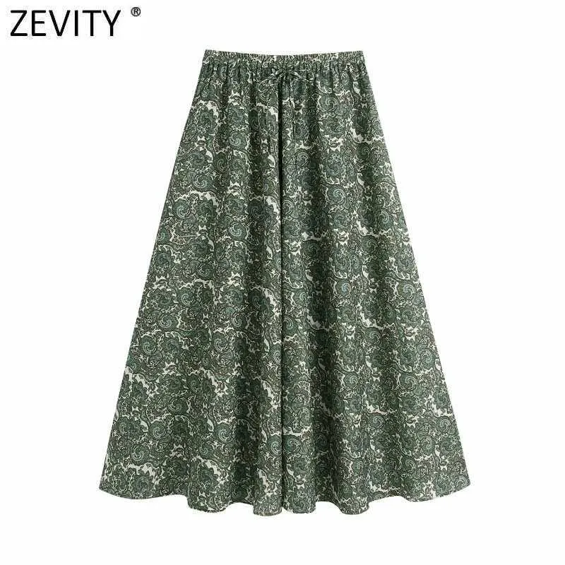 Zevity Women VintageトーテムフローラルプリントグリーンミディスカートファルダスMujer女性シックな弾性ウエストパーティーVestidoブランドスカートQun757 210603
