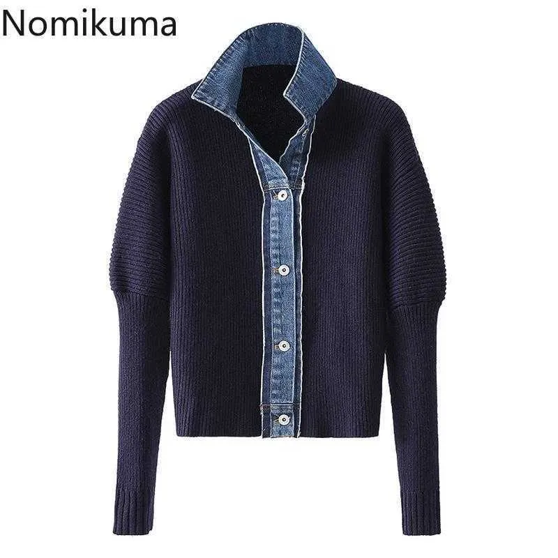 Nomikuma Cardigan pull femmes automne hiver tricots coréen Demin Patchwork tricoté manteau col rabattu veste 6D340 210922