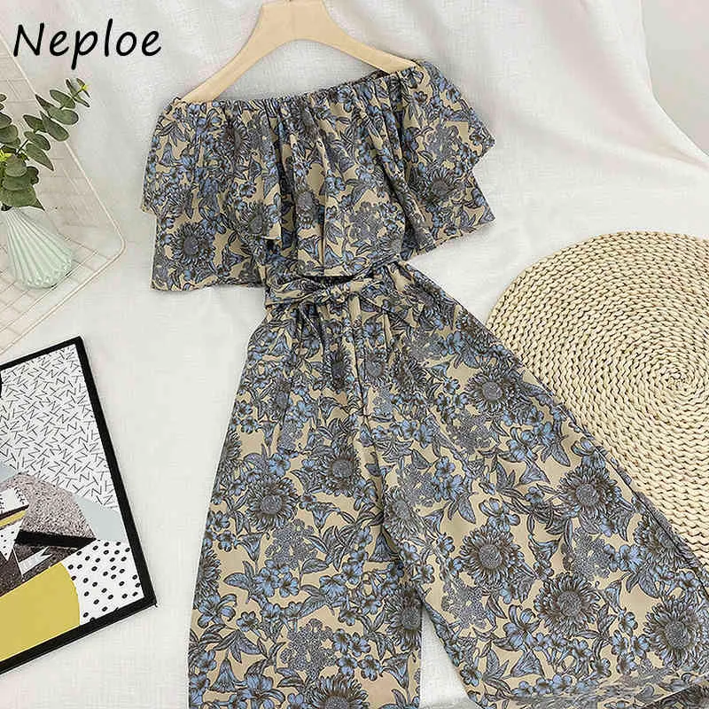 NEPLOE SEXY SLASH Neck Axel Strapless Print Jumpsuits Kvinnor Hög midja Hip Wide Ben Bodysuits Sommar Skriv ut Holiday Playsuit 210423