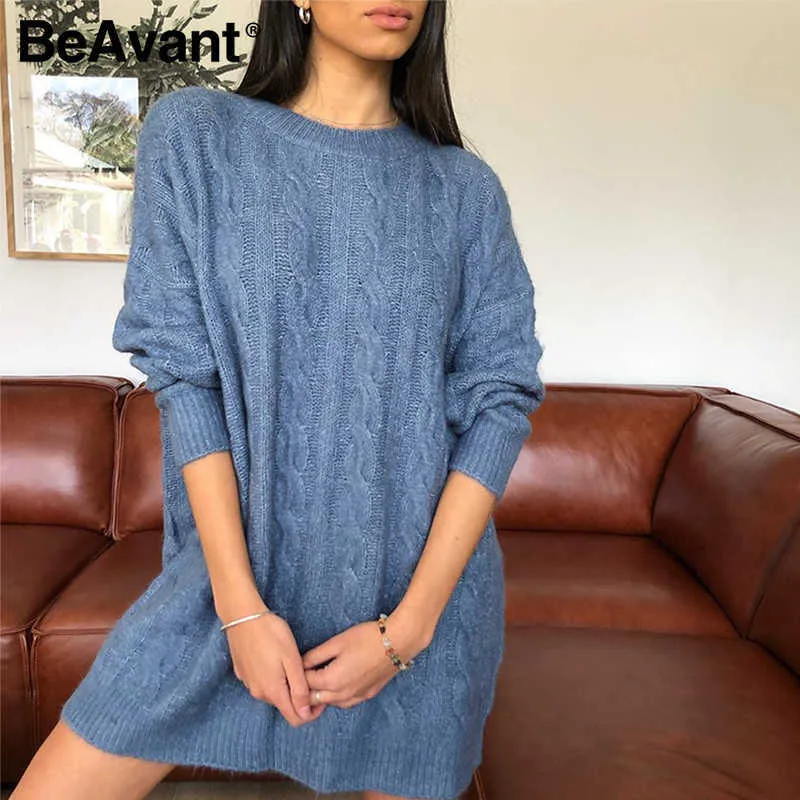 BeAvant Causal Bleu Automne Hiver Femmes Robe tricotée Élégante O-Cou Manches Longues Robe Droite Mode Robe Pull Basique 210709