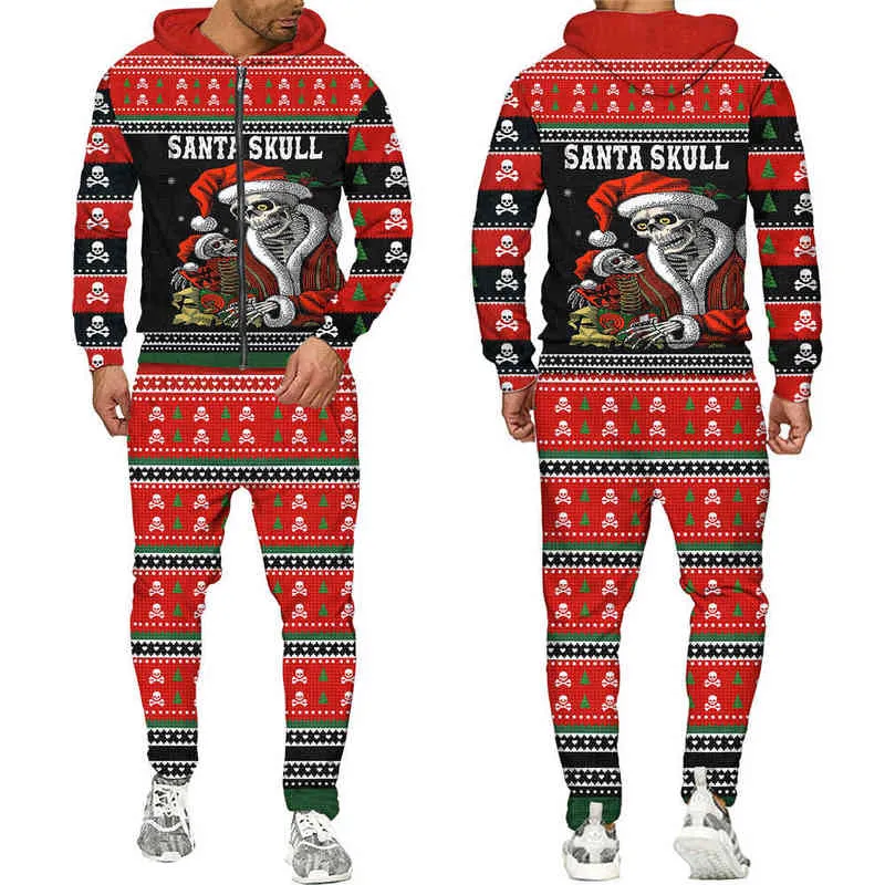 Santa Kafatası 3D Tüm üzerinde Baskılı Erkek Fermuar Hoodie Erkek Kadın Kafatasları Merry Christmas Uzun Kollu Sonbahar Kış Eşofman G1217