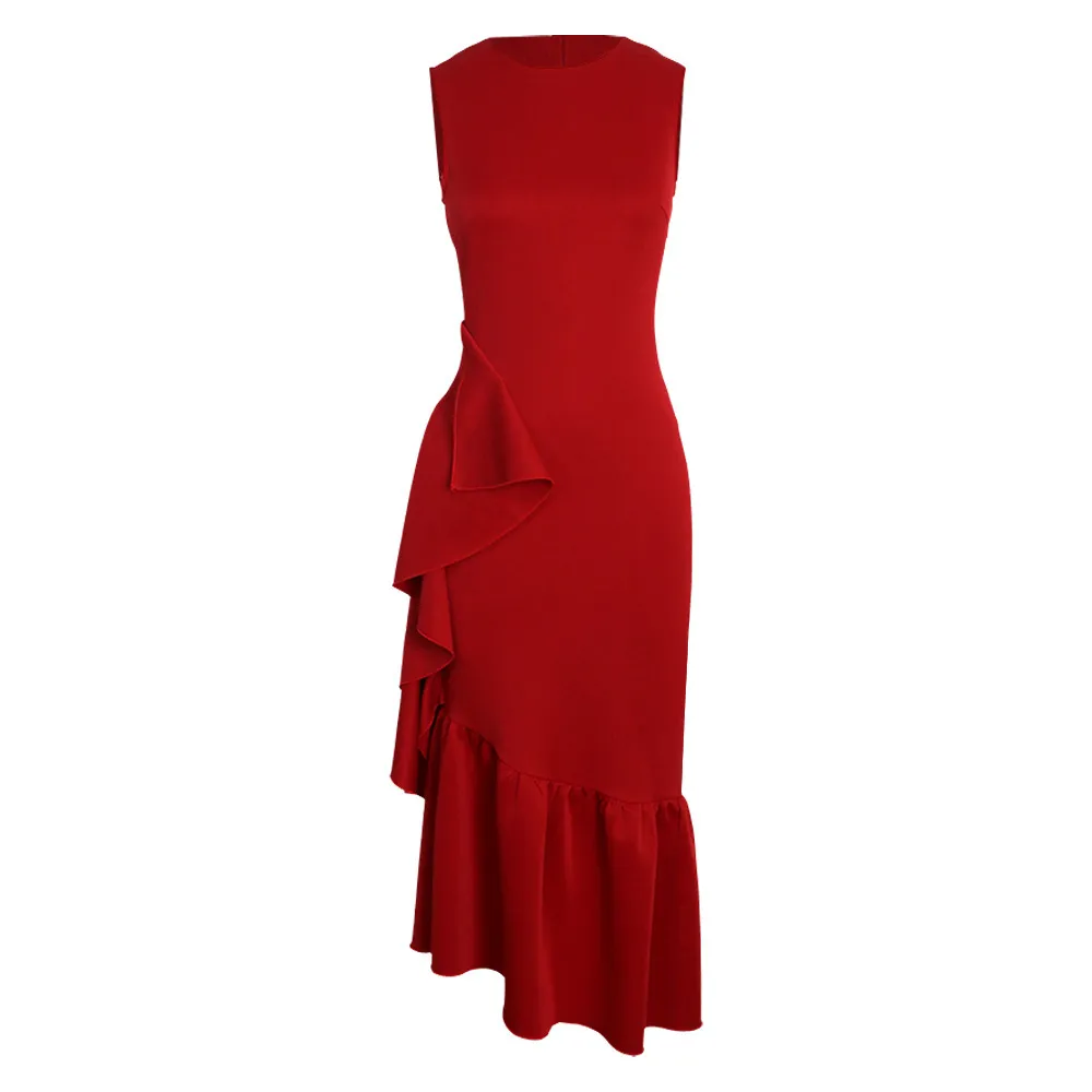 Vrouwen jurk ruches onregelmatige mouwloze vintage jurken asymmetrie plus size lange rode kleding mode 210524
