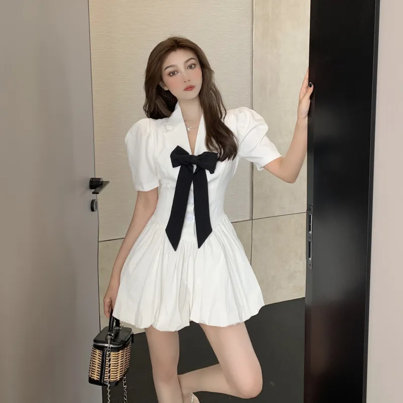 Ezgaga vintage sopro de manga curta mini vestido mulheres v-pescoço fita arco contraste coreano moda alta cintura a linha chique vestidos 210430