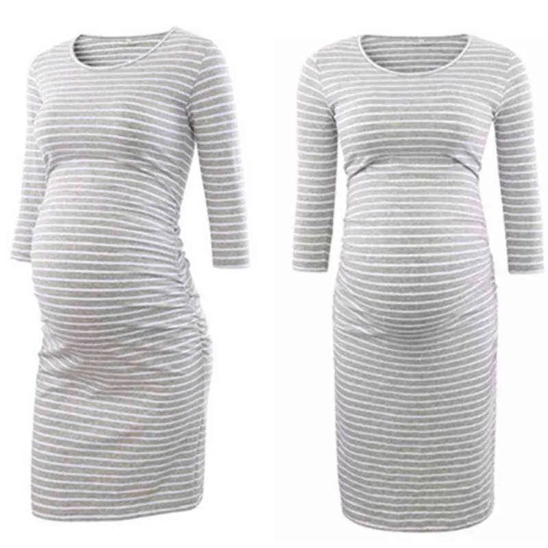 Graviditet Bomull Striped Nursing Dress for Gravid Woman Maternity Dress Asseeding Dress Summer Spring Kjol G220309