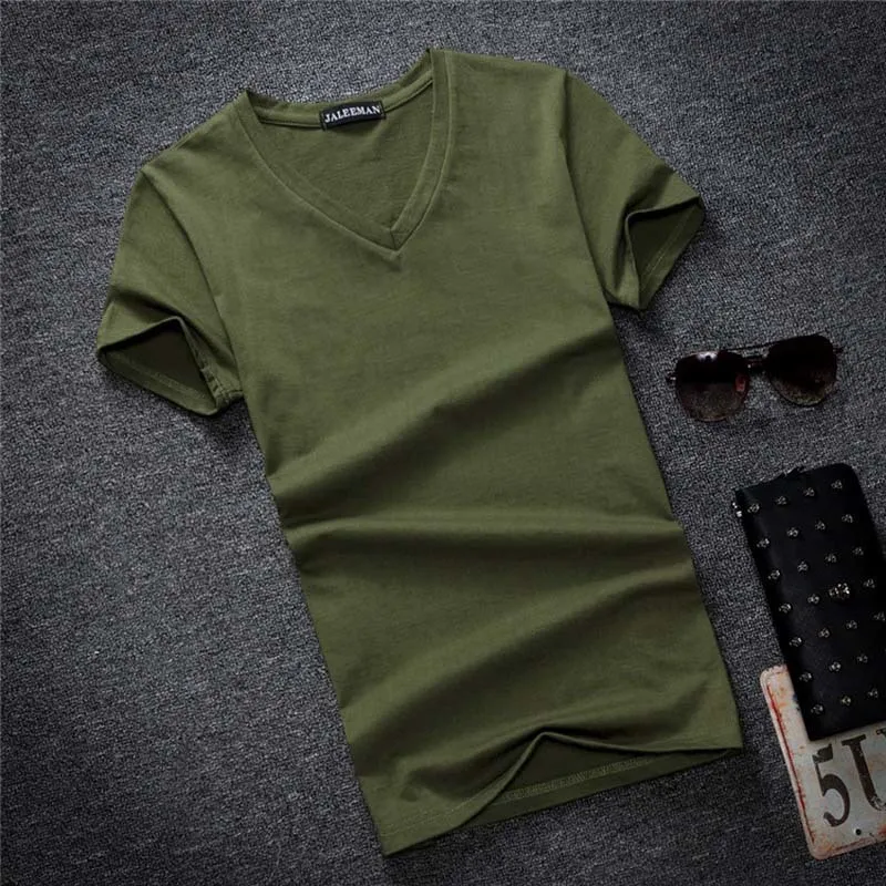 / High Quality Fashion T-shirts V V Neck Short Sleeve T Shirt Solid Casual Men Bomull Tops Tee Sommar Kläder 210329