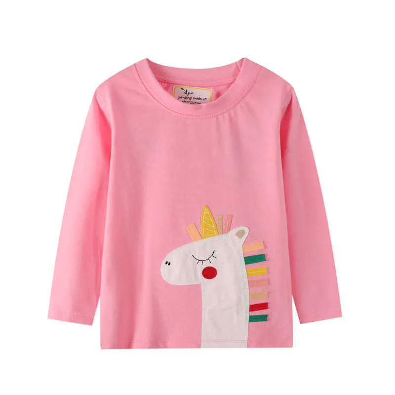 Springende meter aankomst lange mouw dieren t-shirts voor meisjes herfst lente unicorn applique mode kinderkleding 210529
