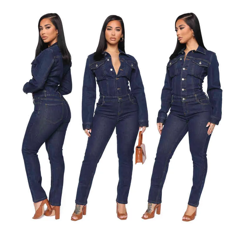 Plus Size Jean Jumpsuit Macacão para Mulheres Sólida Manga Completa Único Breasted Sexy Lady Blue Denim Skinny Bodysuit Trend 210517