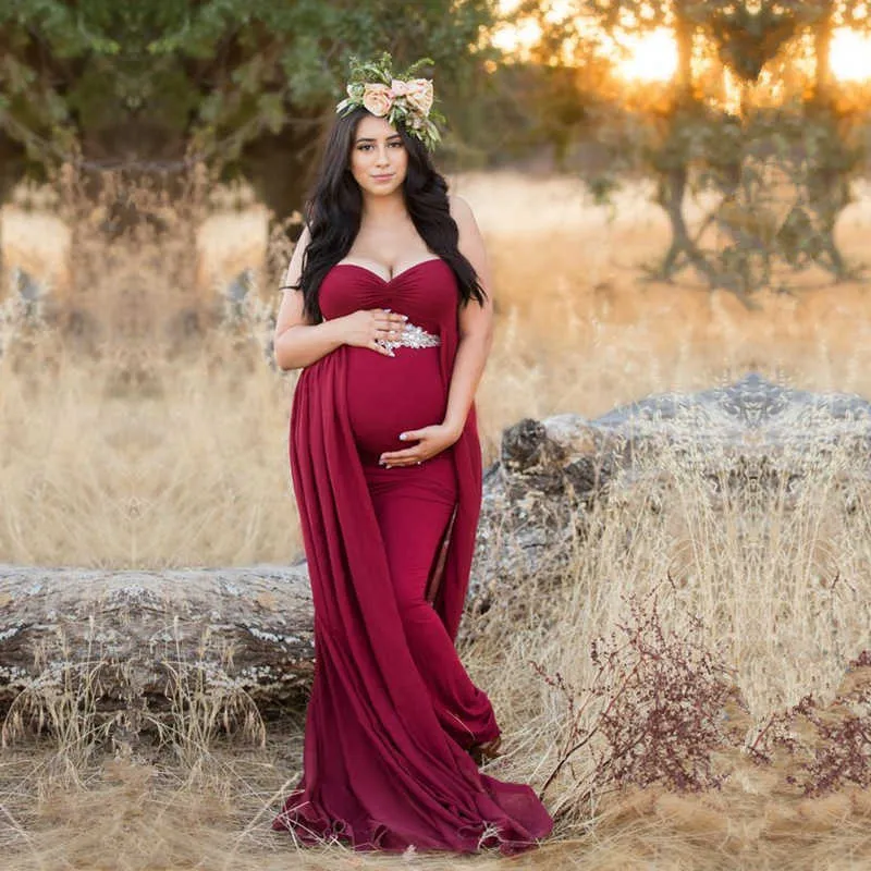 Omuzsuz hamile elbiseler annelik fotoğrafçılığı uzun elbise pelerin ile donatılmış gebelik elbise şifon pelerin doğum elbisesi