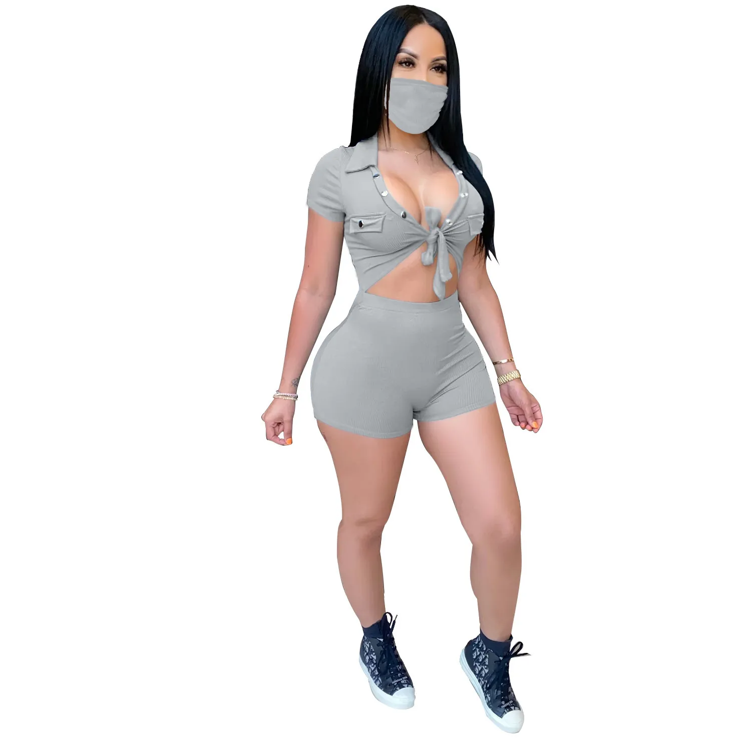 Sexy Women Jumpsuits With Face Mask Summer Designers Onesies Button Strap Casual Rompers Sports Bodysuit Plus Size Workout Clothes