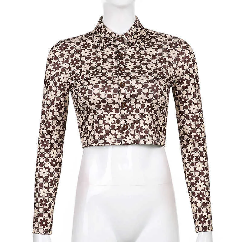 Duena Långärmad Brown Top Y2K Vintage Aestetics Flower Print StreetWear Button Up Crop Top Collar T Shirt Kvinnor 2021 Y0621