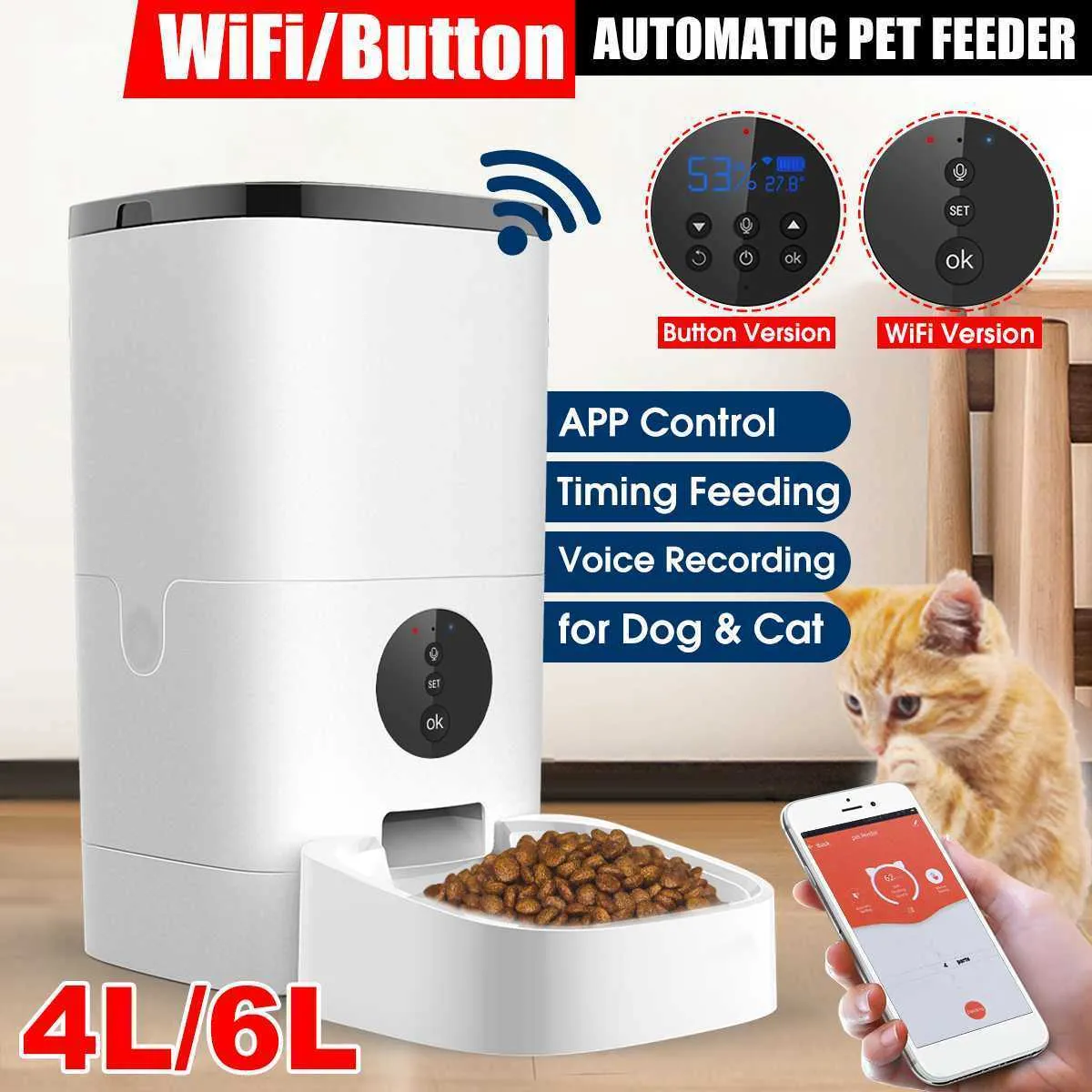 [Video / WiFi / knopversie] 4L / 6L Automatische Pet Feeder Smart Cat Dog Food Dispenser Afstandsbediening App Timer 210615