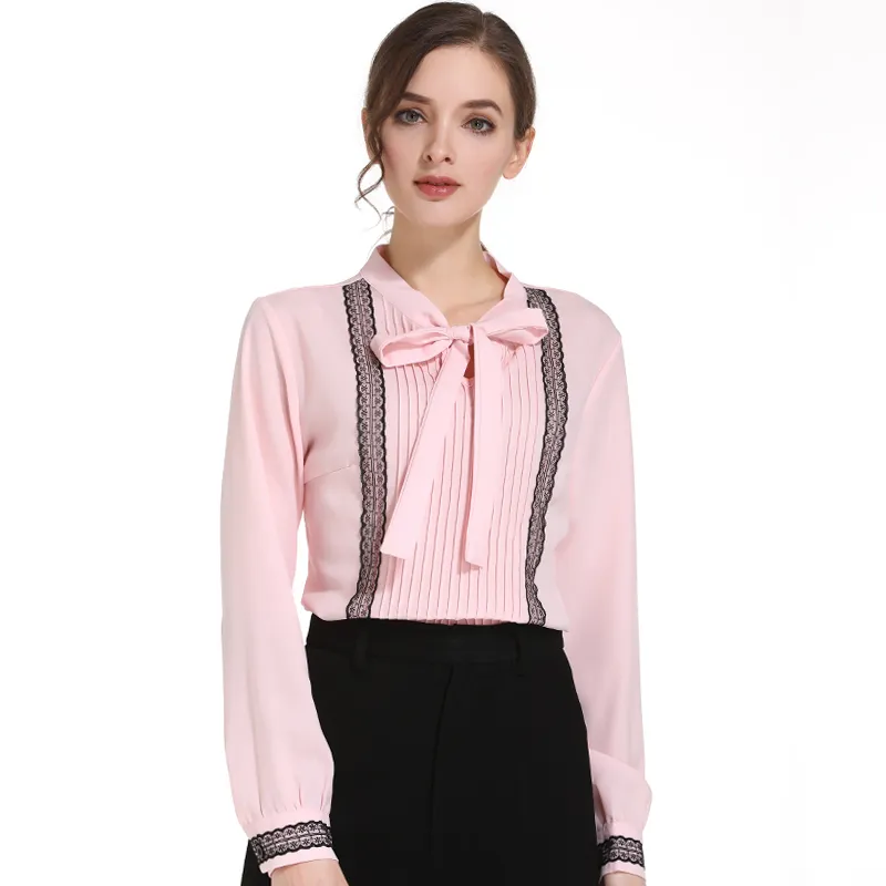 أزياء المرأة ملابس مكتب بلوزة وردي الشيفون قميص طويل الأكمام النساء قمم و S Blusas D472 60 210506