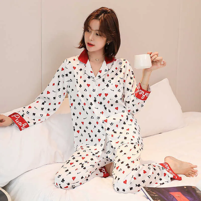 Polyester silke tjejer pyjamas set pijama mujer kvinnor pyjama kvinnor full ärm nattkläder sexiga homewear kläder Q0706