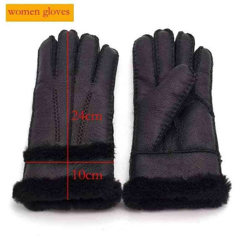 100% Genuine Sheepskin Leather Gloves Women Winter Autumn Fashion Warm Fleece Snow Mittens Men Outdoor Five Finger Wrist 220111