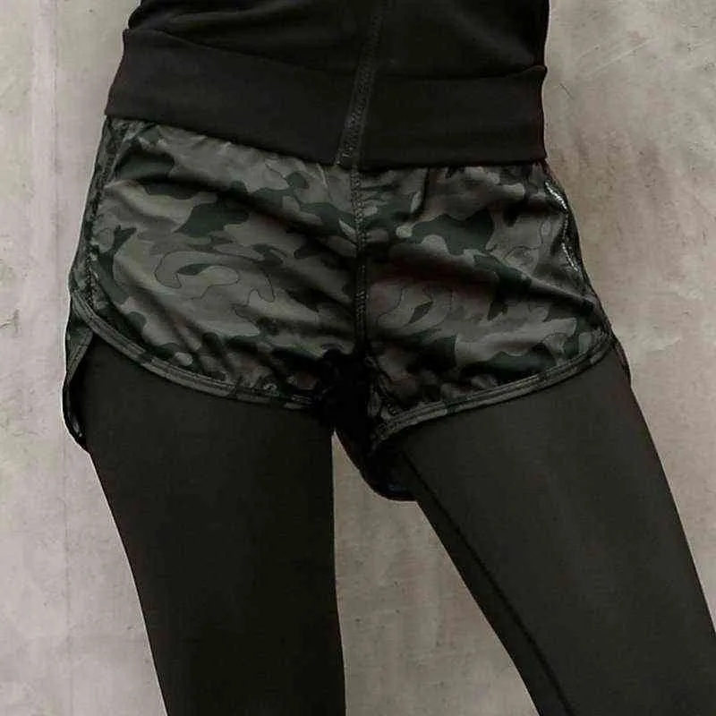 Camouflage False Two Pieces Pantalons de yoga pour femmes Compression Slim Compact Fitness Big Girl Sport Wearing pour la course Jogging GYM H1221