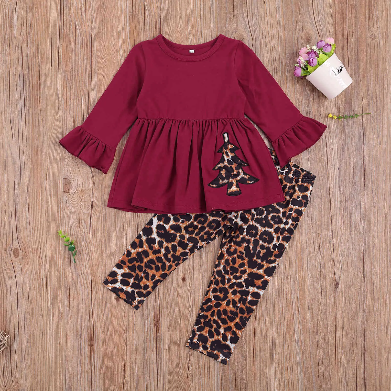 2-7Y Christmas Toddler Kid Girls Clothes Set Ruffles Tunic Long Sleeve Tops Leopard Pants Outfits Children Costumes 210515