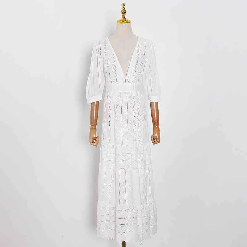 Weiße aushöhlen Kleider für Frauen V-Ausschnitt hohe Taille Spitze minimalistisches elegantes Kleid weiblichen Sommer 210520