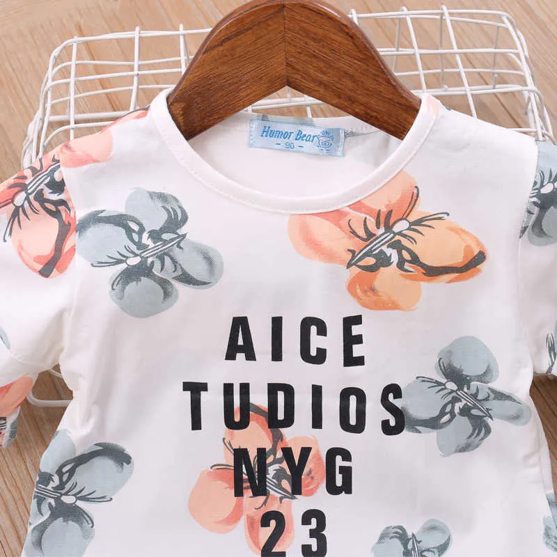2T Mädchen Kleidung Sets Sommer Kleinkind Korea Stil Blumenkragen Gestreiftes T-Shirt + Jeansshorts 2 Stücke Kinder 210528