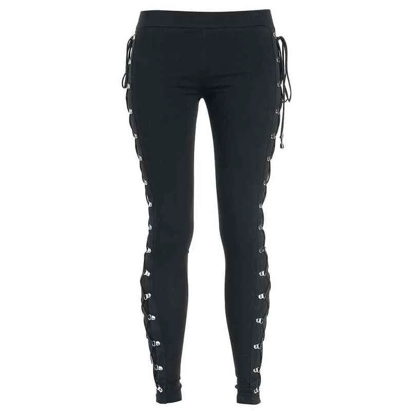 Femmes Gothique Punk Leggings Casual Plaine Mince Coton Droite Femme Noir À Lacets Maigre Pantalon Streetwear # T2G 211204
