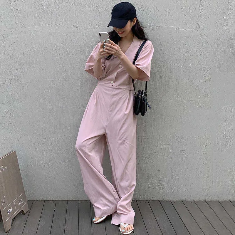 Korejpaa Dames Jumpsuits Zomer Niche Gentle Pink Revers Single-Breasted Taille Gesp Kort Mouwen Casual Wide-Leg Jumpsuit 210526