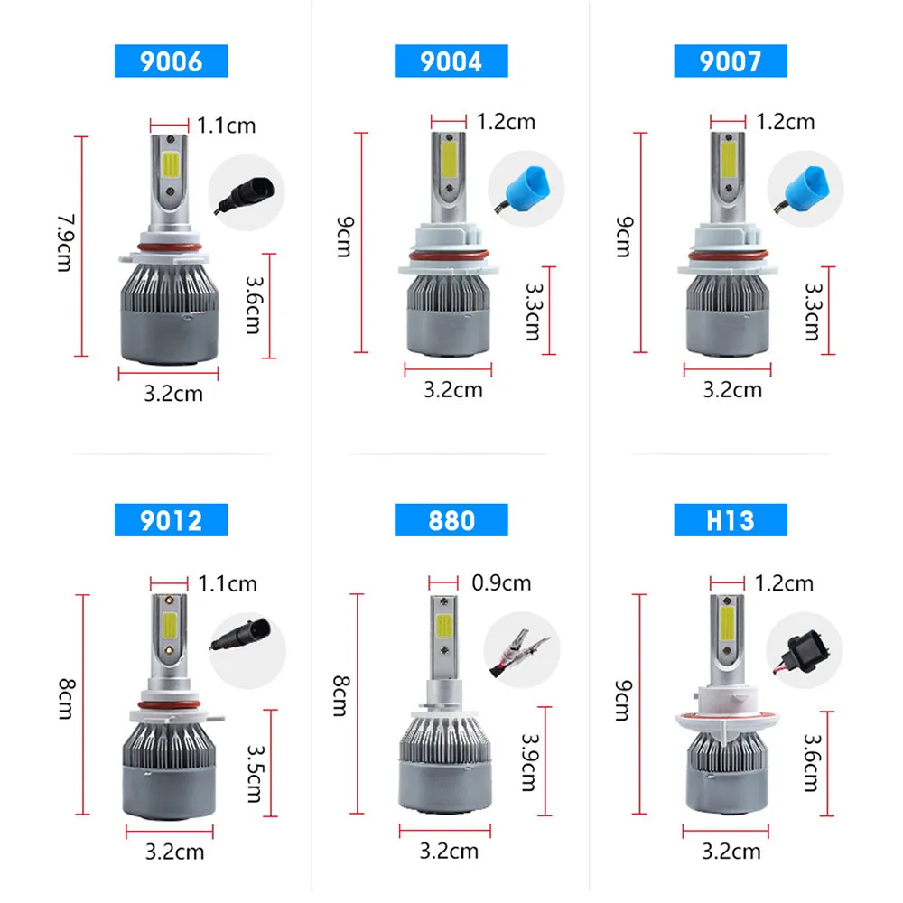 2x H7 Led H11 H4 Hi/lo H1 H3 H8 Hb1 Hb3 Hb4 Hb5 Hir2 H13 H27 9005 9006 Car Headlight  Bulbs 3000k 6000k 8000k Cob C6 Car Lights