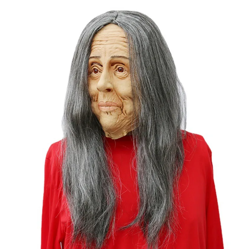 Straszne stare kobiety cosplay maska ​​lateks z włosami fantazyjna sukienka babci Halloween maski dla dorosłych jeden rozmiar