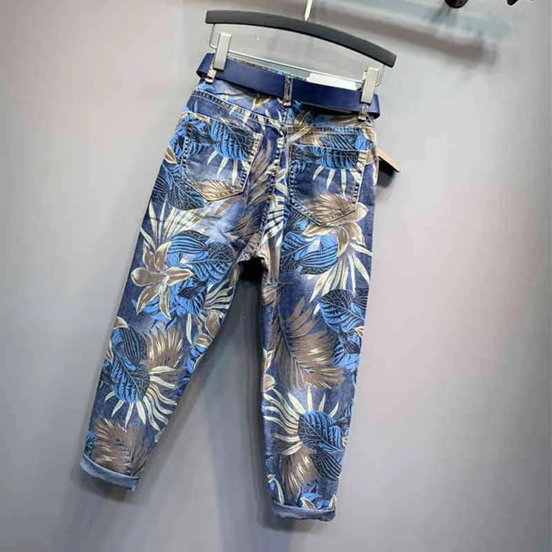 Blumenbedruckte Jeans für Damen, Frühling, Sommer, hohe Taille, lockere, knöchellange Denim-Haremshose ohne Gürtel 210427
